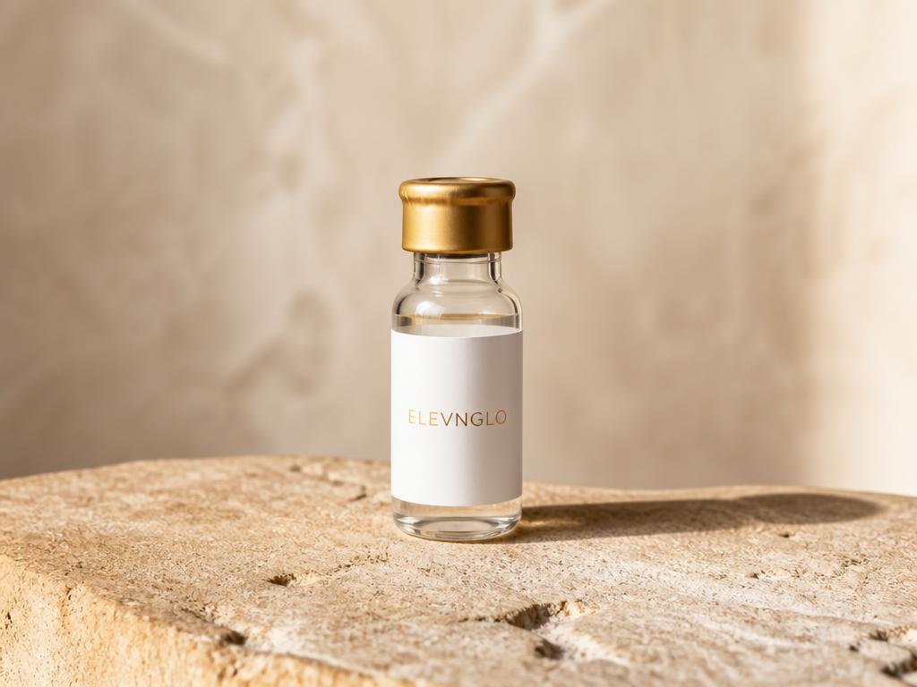 ELEVNGLO branded hormone therapy vial with gold crimp top