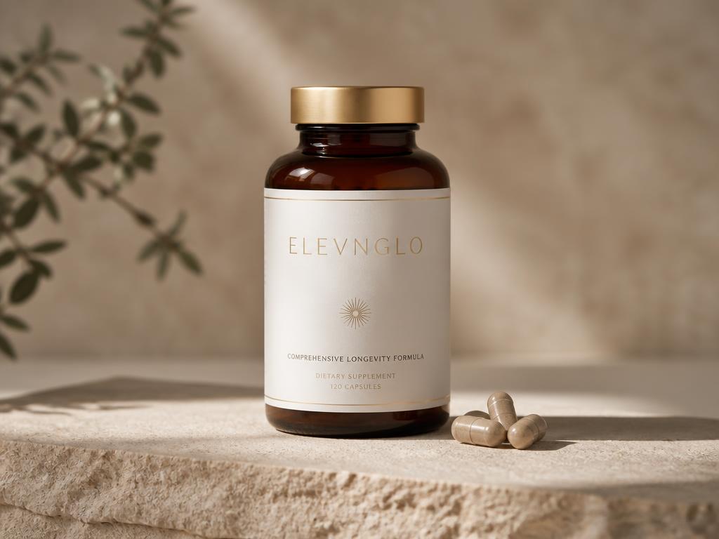 ELEVNGLO branded amber longevity supplement bottle with capsules